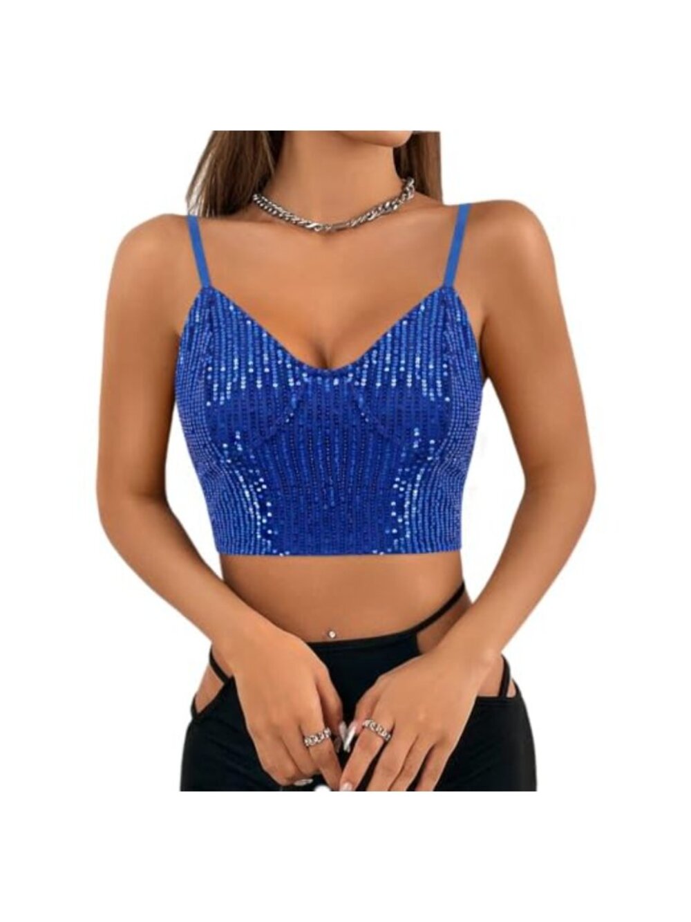 Sequin Crop Top Sleeveless V Neck Tank Sparkly Party Club Glitter Cami Blouse